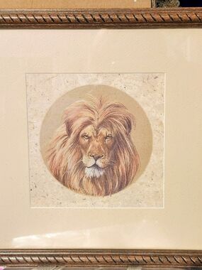 Framed Lion Portrait Artwork in Brown and Tan